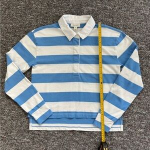 On 34th Blue and White Striped Rugby Polo Shirt Size XS boxy fit side slit women